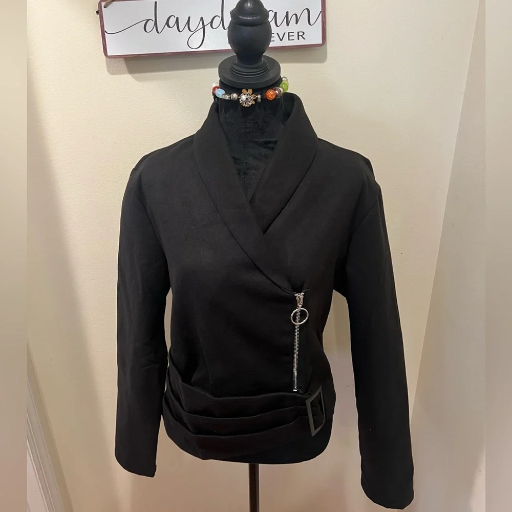 Uoozee. Black Asymmetrical Zip Moto Blazer Jacket Belted NWT. Sz XL - Picture 2 of 13